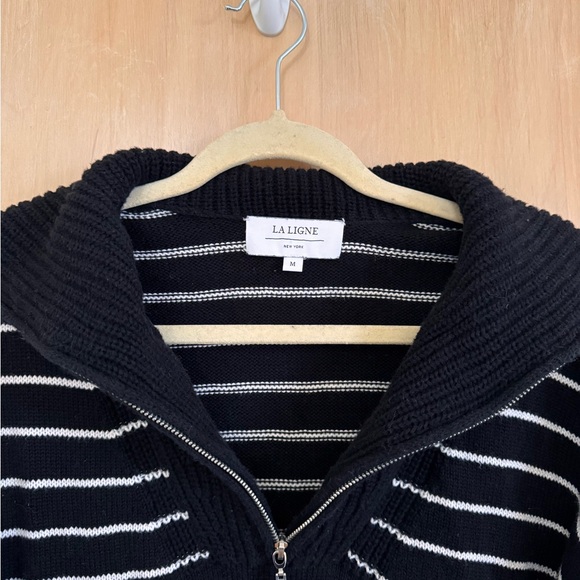 La Ligne Striped Half-Zip Cotton Cropped Sweater in Black/White - Size Medium - Picture 3 of 6